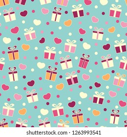 Seamless pattern with the image of gift boxes and hearts.
