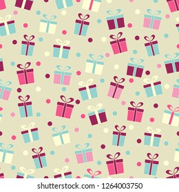 Seamless pattern with the image of gift boxes and confetti.
