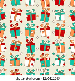 Seamless pattern with the image of gift boxes and confetti.

