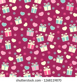 Seamless pattern with the image of gift boxes and hearts.
