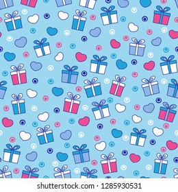 Seamless pattern with the image of gift boxes and hearts.

