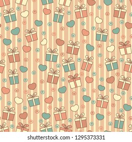 Seamless pattern with the image of gift boxes and hearts.
