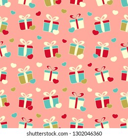 Seamless pattern with the image of gift boxes and hearts.
