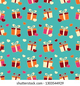 Seamless pattern with the image of gift boxes and hearts.
