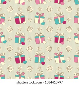 Seamless pattern with the image of gift boxes and hearts.
