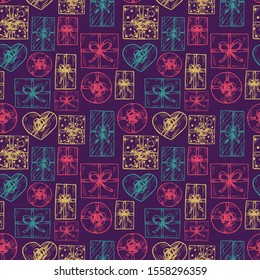 Seamless pattern with the image of gifts, top view.