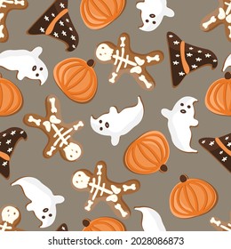 Seamless pattern with the image of gingerbread with the attributes of All Saints ' Day, Halloween: pumpkins, witch hats, skeletons, ghosts. For printing on fabric, paper, clothing, bed linen, etc