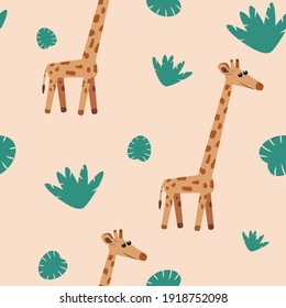 Seamless pattern with the image of a giraffe and leaves. Cute baby print. Design for paper, textiles and decor.