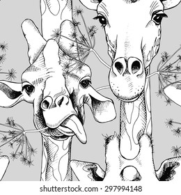 Seamless pattern with image of giraffes munching grass. Vector black and white illustration.
