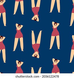 Patrón sin foco con la imagen de una niña en el estilo de un piso. Mujer bonita y sexy con un vestido corto. Ilustración en tela, vidrio, papel