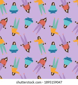 Patrón transparente con la imagen de las niñas involucradas en diferentes deportes. Ilustración vectorial. Deporte. Yoga.