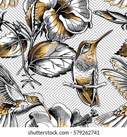 Seamless pattern with image gold Hummingbird and Hibiscus flowers on a gray geometric background. Vector illustration.