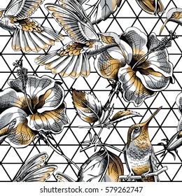 Seamless pattern with image gold Hummingbird and Hibiscus flowers on a geometric background. Vector illustration.