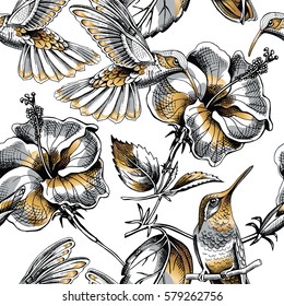 Seamless pattern with image gold Hummingbird and Hibiscus flowers on a white background. Vector illustration.