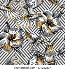 Seamless pattern with image gold Hummingbird and Hibiscus flowers on a geometric background. Vector illustration.