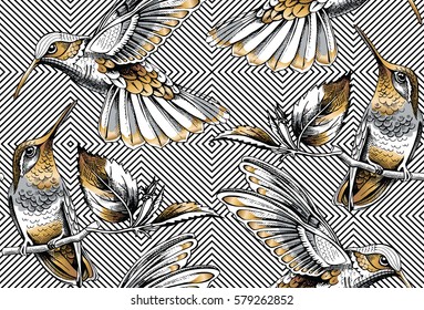 Seamless pattern with image gold Hummingbird on a geometric background. Vector illustration.