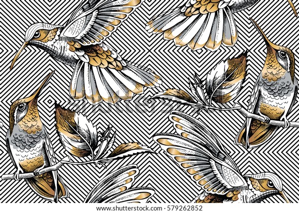 Seamless pattern with image gold Hummingbird on a geometric background. Vector illustration.