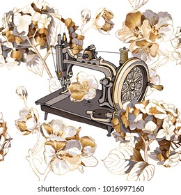 Seamless pattern with image of a gold Hydrangea, Cherry flowers and retro Sewing machine. Vector illustration.