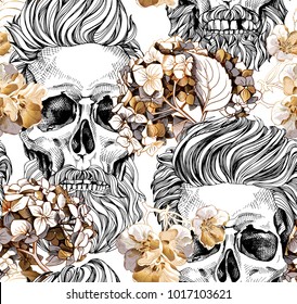 Seamless pattern and image gold Hydrangea  Cherry flowers   skull and hipster hair   beard  Vector illustration 