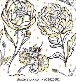 Seamless pattern with image of a gold peony flowers on a white background. Vector illustration.