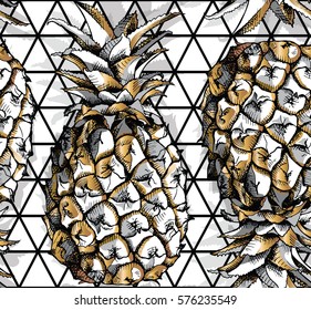 Seamless pattern with image gold Pineapple fruit on a geometric background. Vector illustration.