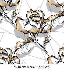 Seamless pattern with image of a gold rose flowers and abstract geometry on a white background. Vector illustration.