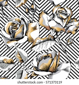 Seamless pattern with image of a gold rose flowers on a black geometric background. Vector illustration.