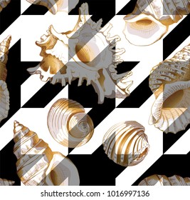Seamless pattern with image of a gold sea shell on a black and white geometry Houndstooth background. Vector illustration.