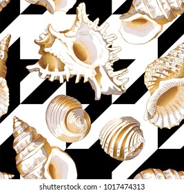 Seamless pattern with image of a gold sea shell on a black and white geometry Houndstooth background. Vector illustration.