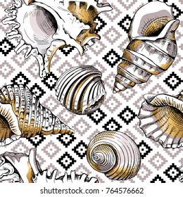 Seamless pattern with image of a gold sea shells on a geometric background. Vector illustration.