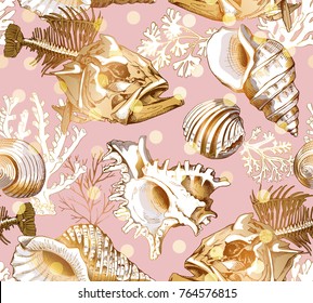 Seamless pattern with image of a gold sea shells and corals on a light pink background. Vector illustration.