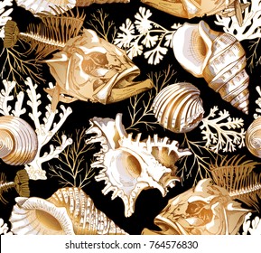 Seamless pattern with image of a gold sea shells and corals on a black background. Vector illustration.