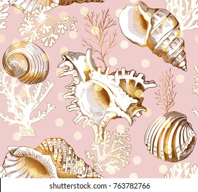 Seamless pattern with image of a gold Shell and Coral on a light pink background. Vector illustration.