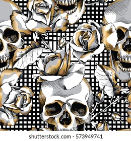 Seamless pattern with image gold skull and rose flowers on a geometric background. Vector illustration.