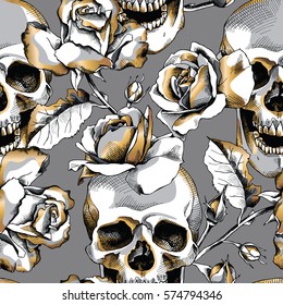 Seamless pattern with image gold skull and rose flowers on a dark gray background. Vector illustration.