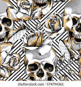 Seamless pattern with image gold skull and rose flowers on a geometric background. Vector illustration.