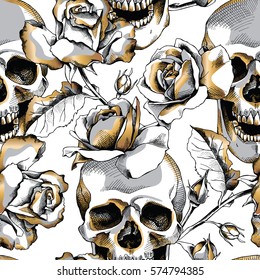 Seamless pattern with image gold skull and rose flowers on a white background. Vector illustration.