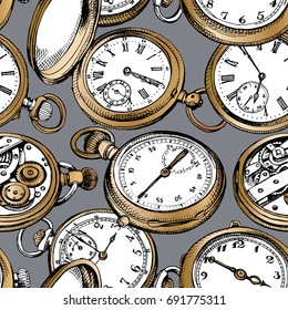 Seamless pattern with image of a gold Vintage Pocket watches on a gray background. Vector illustration.
