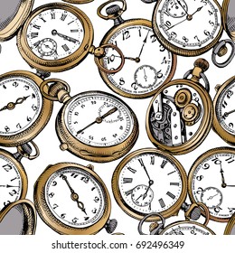 Seamless pattern with image of a gold Vintage Pocket watches. Vector illustration.