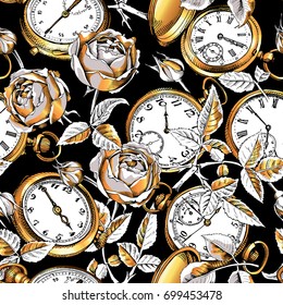 Seamless pattern with image of a gold Vintage Pocket watches and Rose flowers on a black background. Vector illustration.