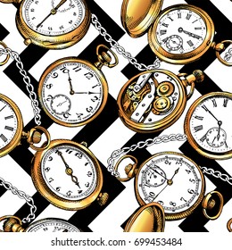 Seamless pattern with image of a gold Vintage Pocket watches and a chain on a geometric background. Vector illustration.