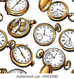 Seamless pattern with image of a gold Vintage Pocket watches on a white background. Vector illustration.