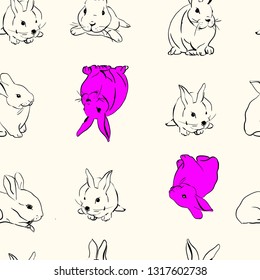 Seamless pattern with the image of graphic rabbits, hand-drawn black line on a light background. Vector illustration. Cute, children.