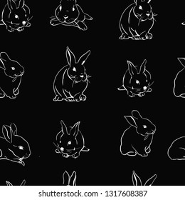 Seamless pattern with the image of graphic rabbits, hand-drawn white line on a black background. Vector illustration. Cute, children