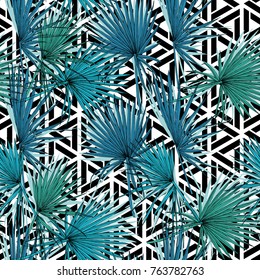 Seamless pattern with image of a green and blue Fan palm leaves on a geometric background. Vector illustration.