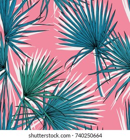 Seamless pattern with image of a green Fan palm leaves on a pink background. Vector illustration.