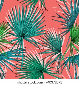 Seamless pattern with image of a green Fan palm leaves on a coral background. Vector illustration.