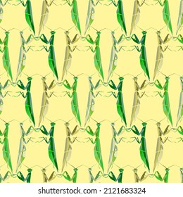 Seamless pattern with the image of green mantises. Design for wall decoration and textiles. Wallpaper decor.