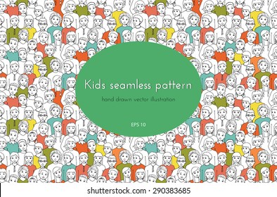 seamless pattern with the image of a group of children, teens, girls, boys with different hairstyles. graphic hand drawn illustration