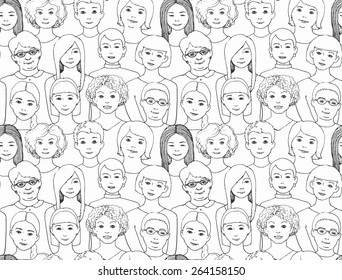 Seamless Pattern With The Image Of A Group Of Women Of All Ages And Nationalities, With Different Hairstyles. Graphic Hand Drawn Illustration 